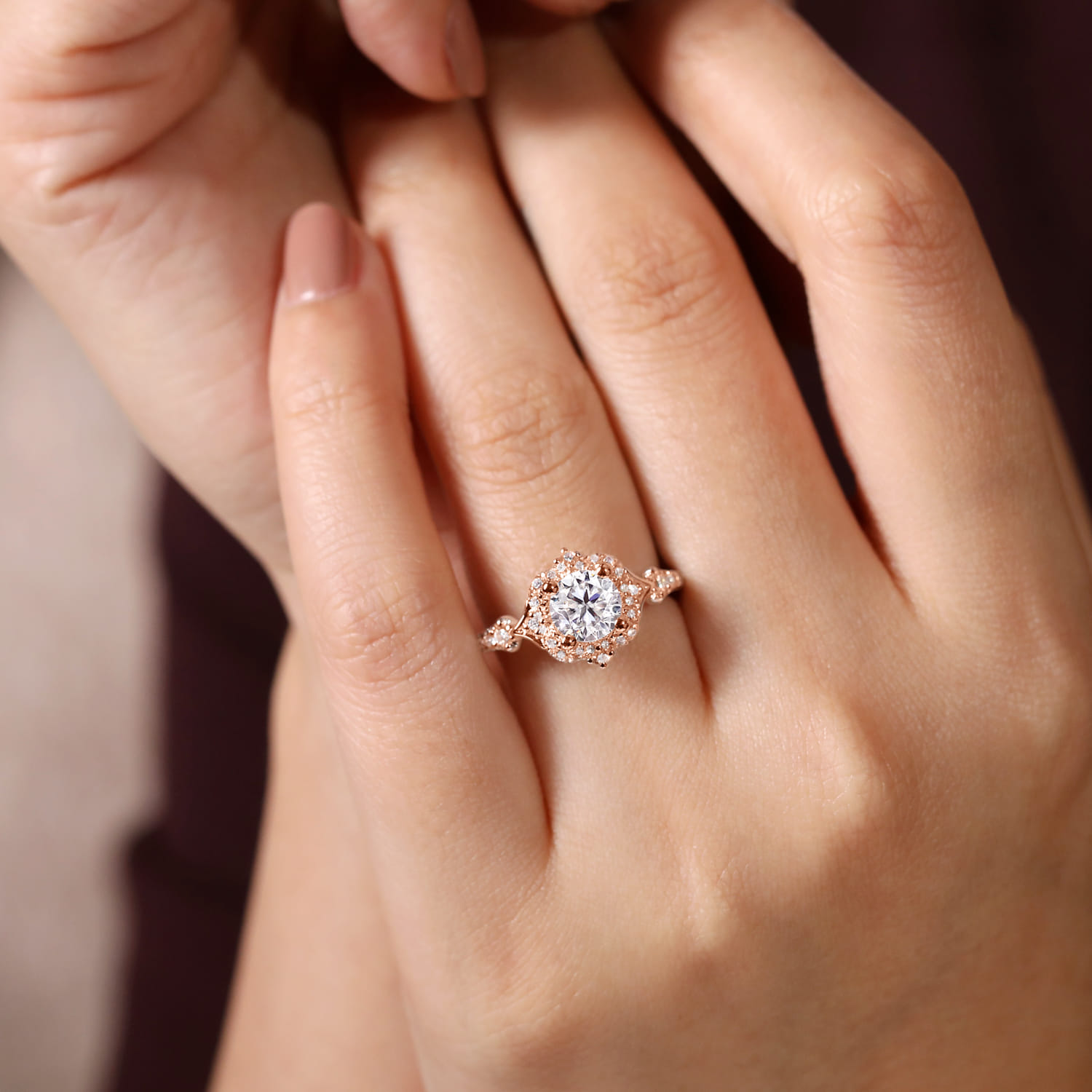 Veronique - Unique 14K Rose Gold Vintage Inspired Halo Diamond Engagement Ring - 0.34 ct - Shot 6