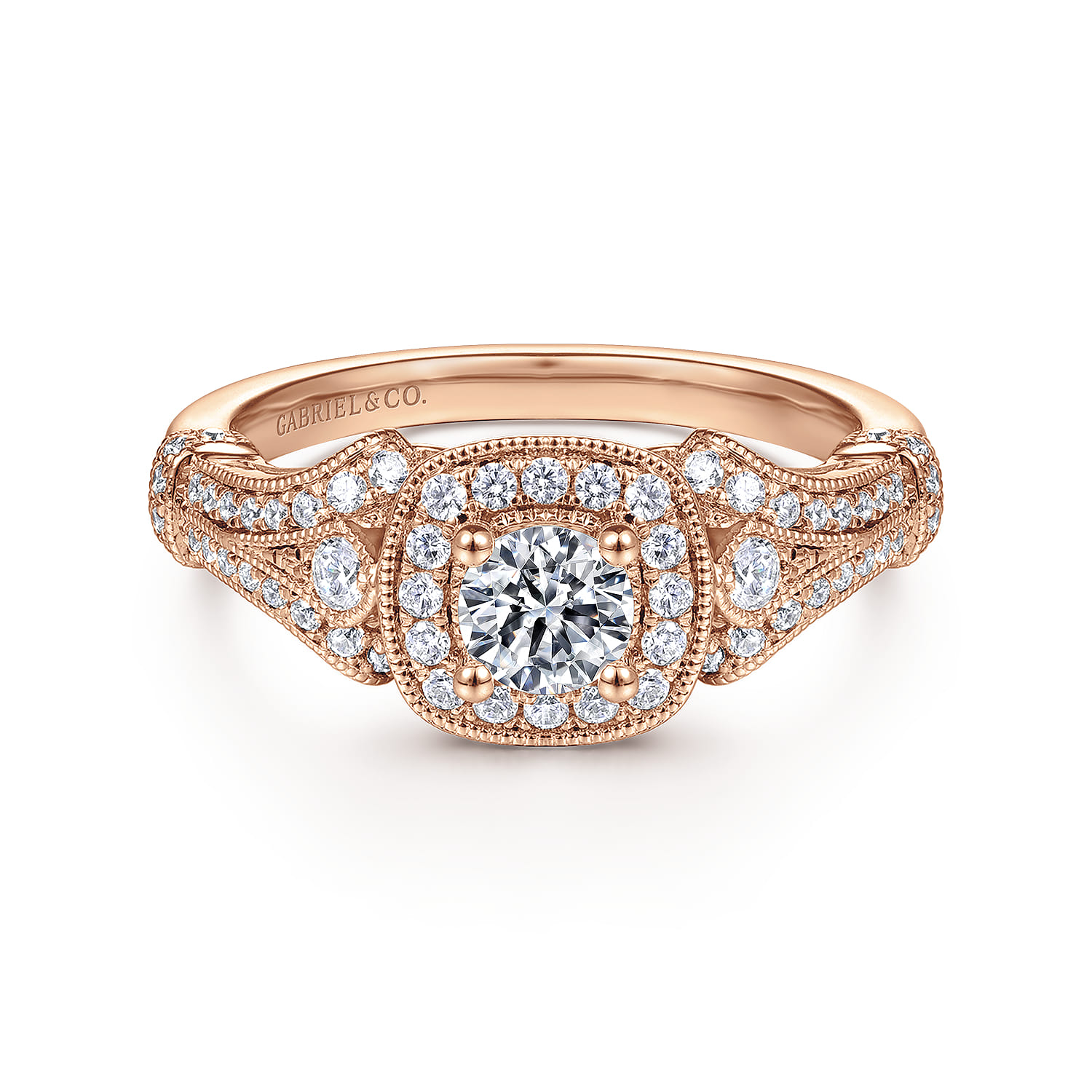 Delilah - Vintage Inspired 14K Rose Gold Cushion Halo Round Complete Diamond Engagement Ring - 0.7 ct - Shot 1