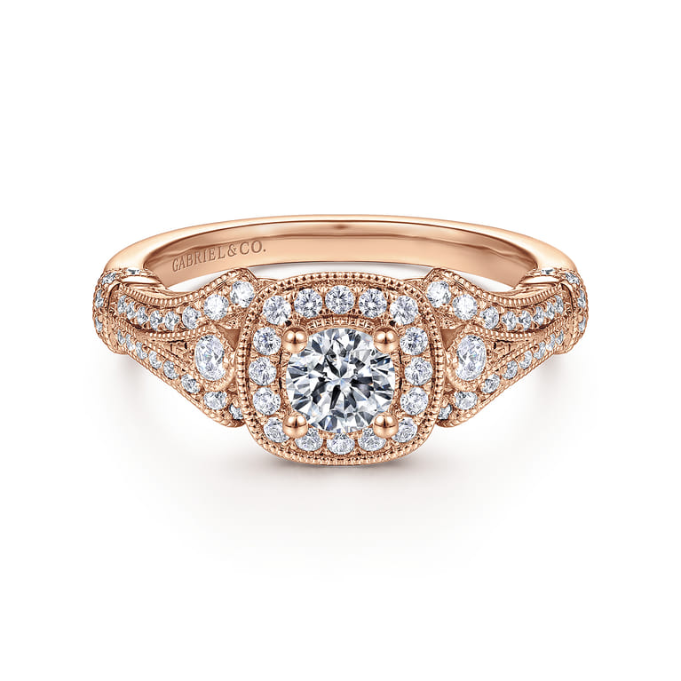 Delilah - Vintage Inspired 14K Rose Gold Cushion Halo Round Complete Diamond Engagement Ring - 0.7 ct - Shot 1