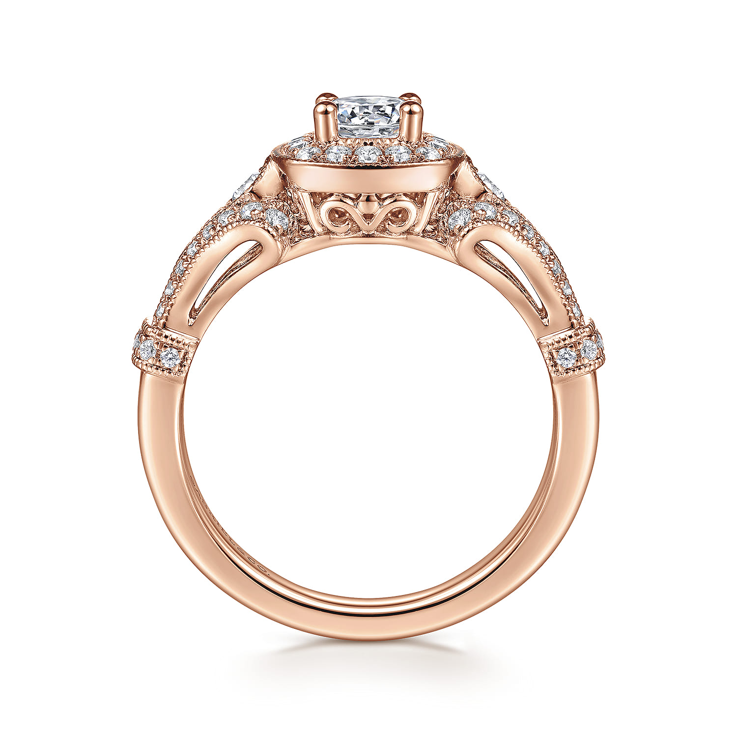 Delilah - Vintage Inspired 14K Rose Gold Cushion Halo Round Complete Diamond Engagement Ring - 0.7 ct - Shot 2