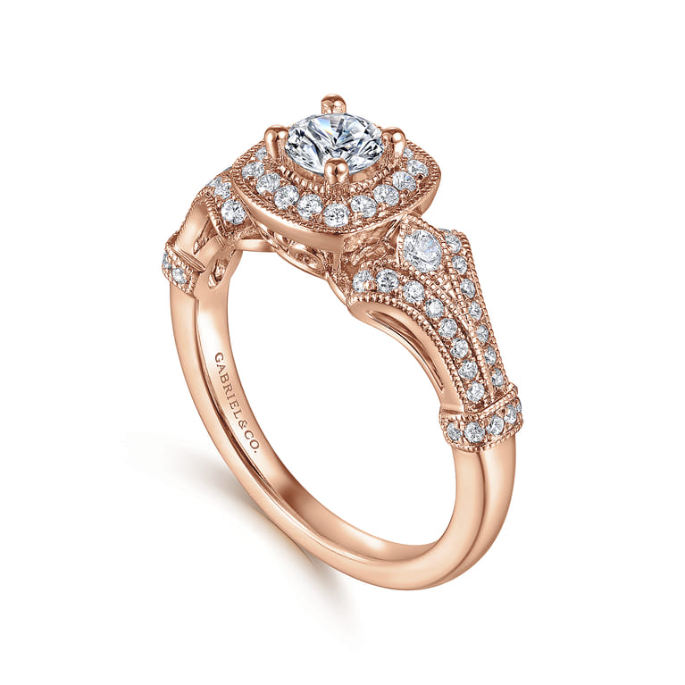 Delilah - Vintage Inspired 14K Rose Gold Cushion Halo Round Complete Diamond Engagement Ring - 0.7 ct - Shot 3