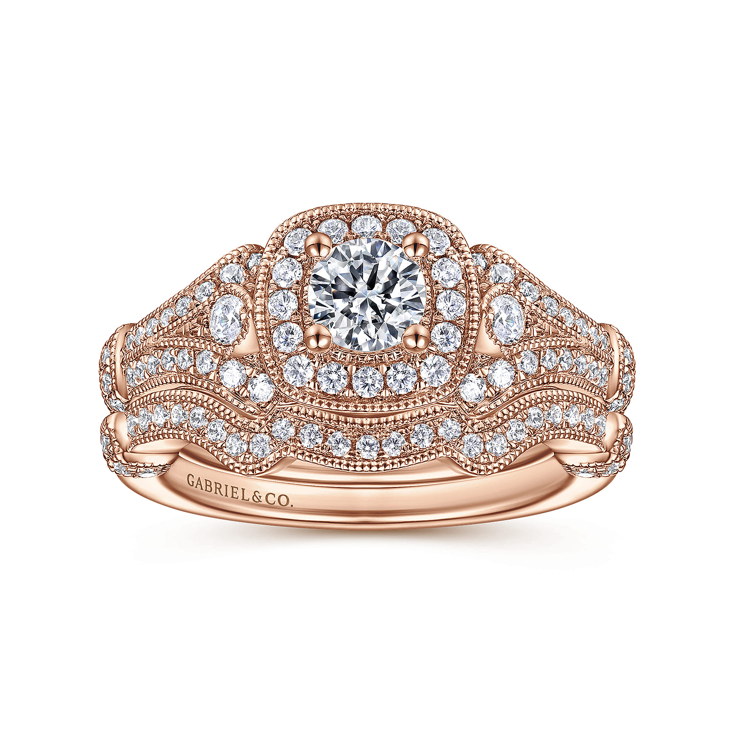 Delilah - Vintage Inspired 14K Rose Gold Cushion Halo Round Complete Diamond Engagement Ring - 0.7 ct - Shot 4