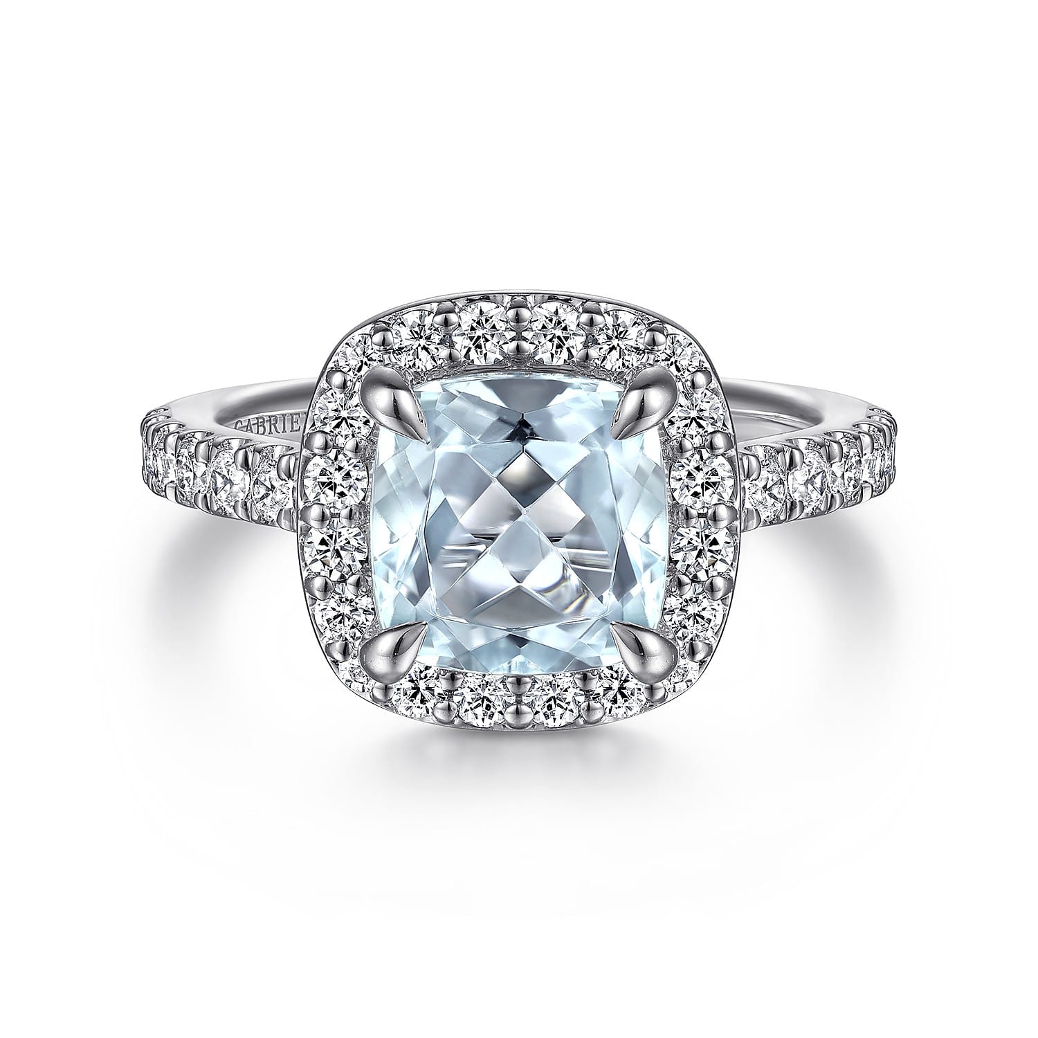 Dua - 14K White Gold Cushion Halo Round Aquamarine and Diamond Engagement Ring - 0.66 ct - Shot 1