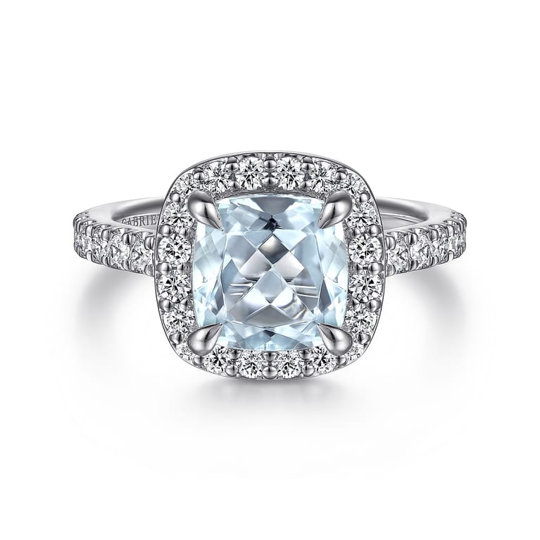 Dua - 14K White Gold Cushion Halo Round Aquamarine and Diamond Engagement Ring - 0.66 ct - Shot 1