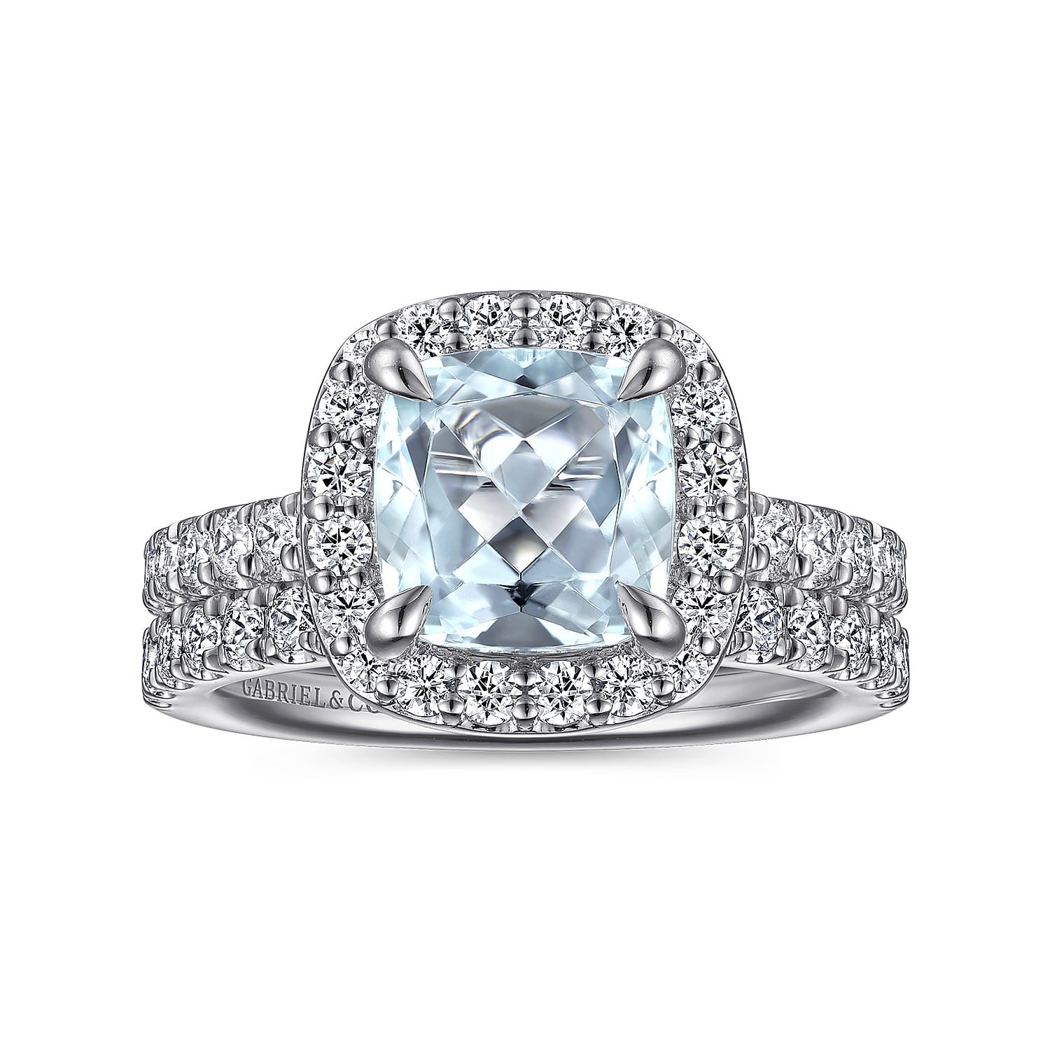 Dua - 14K White Gold Cushion Halo Round Aquamarine and Diamond Engagement Ring - 0.66 ct - Shot 4