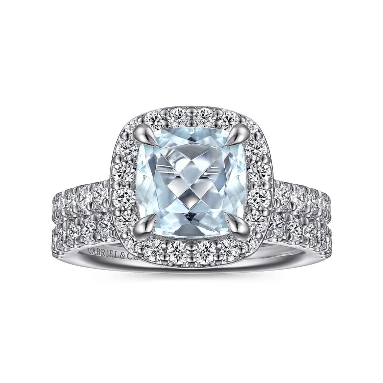 Dua - 14K White Gold Cushion Halo Round Aquamarine and Diamond Engagement Ring - 0.66 ct - Shot 4