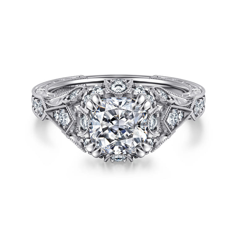 Annadale - Unique 14K White Gold Vintage Inspired Cushion Halo Diamond Engagement Ring - 0.35 ct - Shot 1