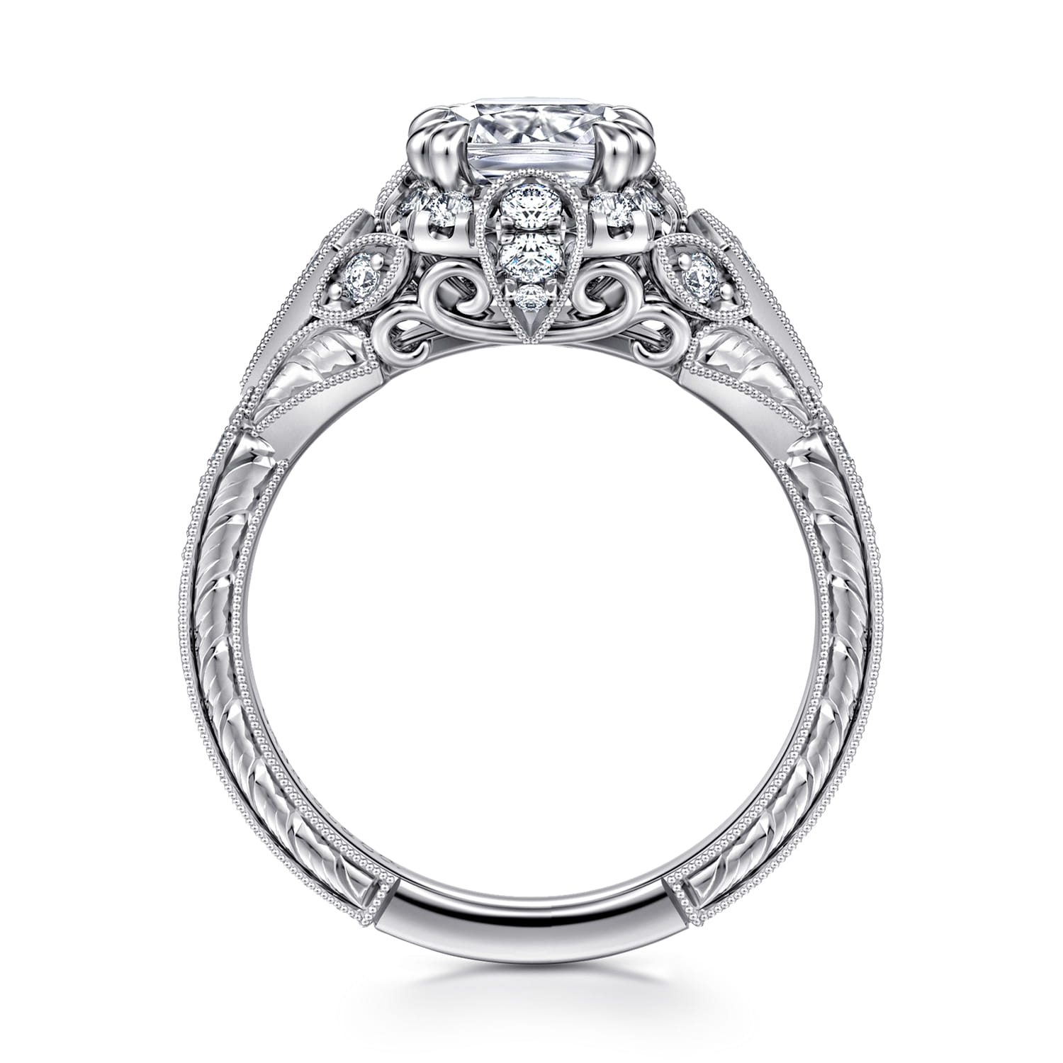 Annadale - Unique 14K White Gold Vintage Inspired Cushion Halo Diamond Engagement Ring - 0.35 ct - Shot 2