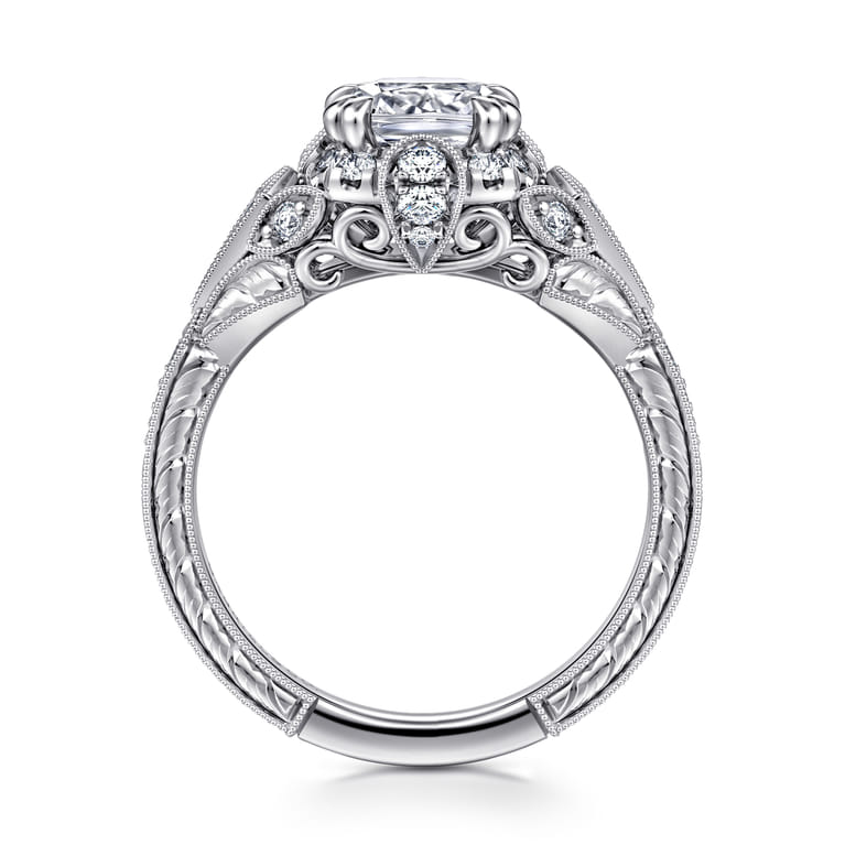 Annadale - Unique 14K White Gold Vintage Inspired Cushion Halo Diamond Engagement Ring - 0.35 ct - Shot 2
