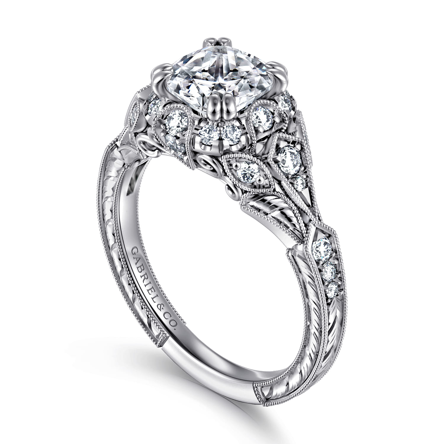 Annadale - Unique 14K White Gold Vintage Inspired Cushion Halo Diamond Engagement Ring - 0.35 ct - Shot 3