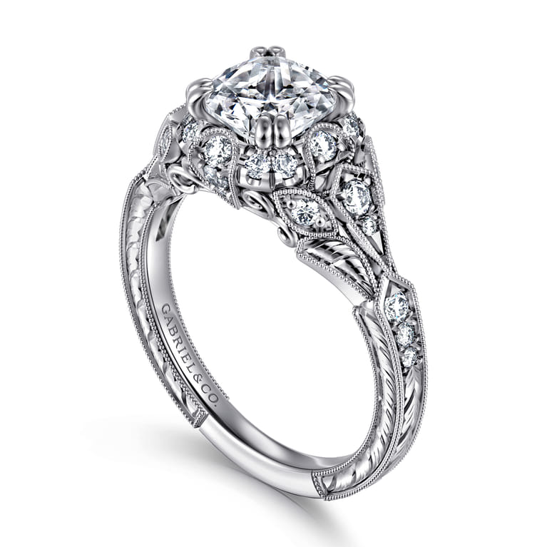 Annadale - Unique 14K White Gold Vintage Inspired Cushion Halo Diamond Engagement Ring - 0.35 ct - Shot 3