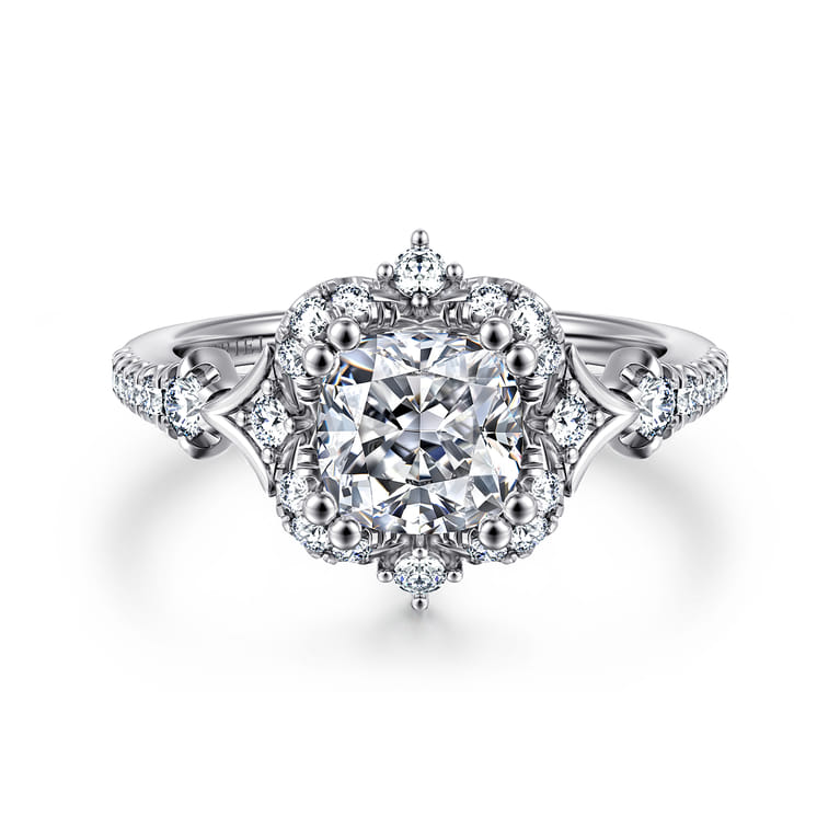Veronique - Unique 14K White Gold Vintage Inspired Cushion Halo Diamond Engagement Ring - 0.35 ct - Shot 1