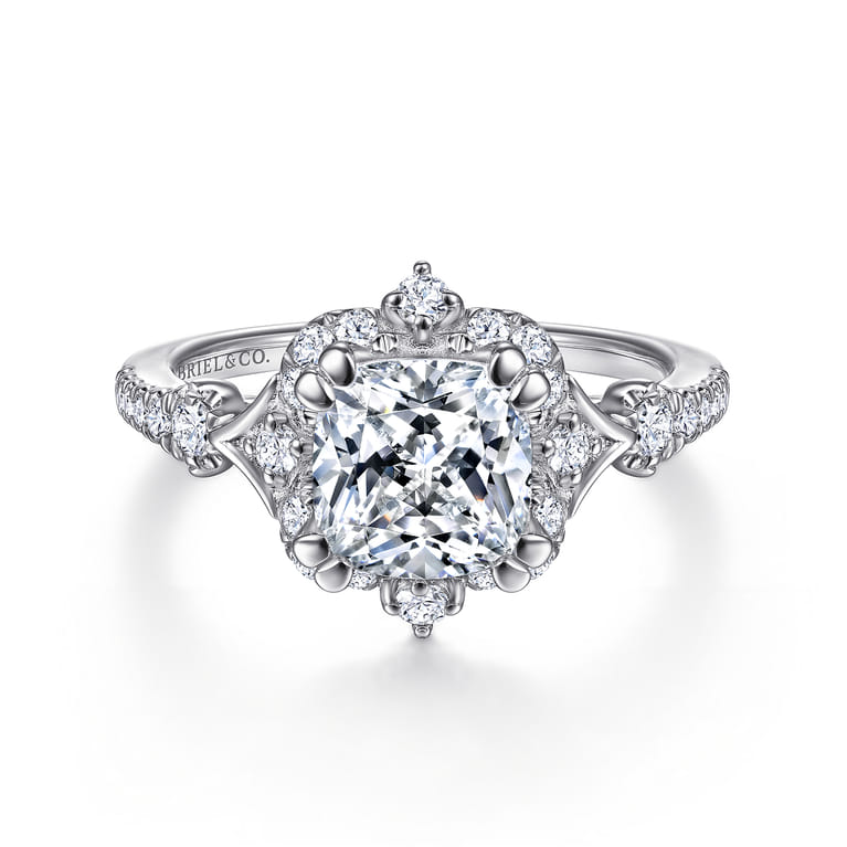 Veronique - Unique 14K White Gold Vintage Inspired Cushion Halo Diamond Engagement Ring - 0.37 ct - Shot 1
