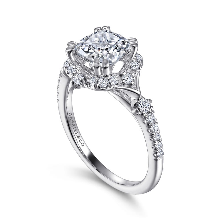 Veronique - Unique 14K White Gold Vintage Inspired Cushion Halo Diamond Engagement Ring - 0.37 ct - Shot 3