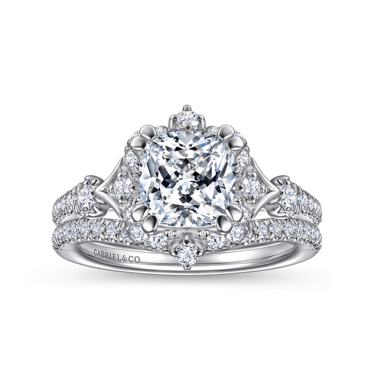 Veronique - Unique 14K White Gold Vintage Inspired Cushion Halo Diamond Engagement Ring - 0.37 ct - Shot 4