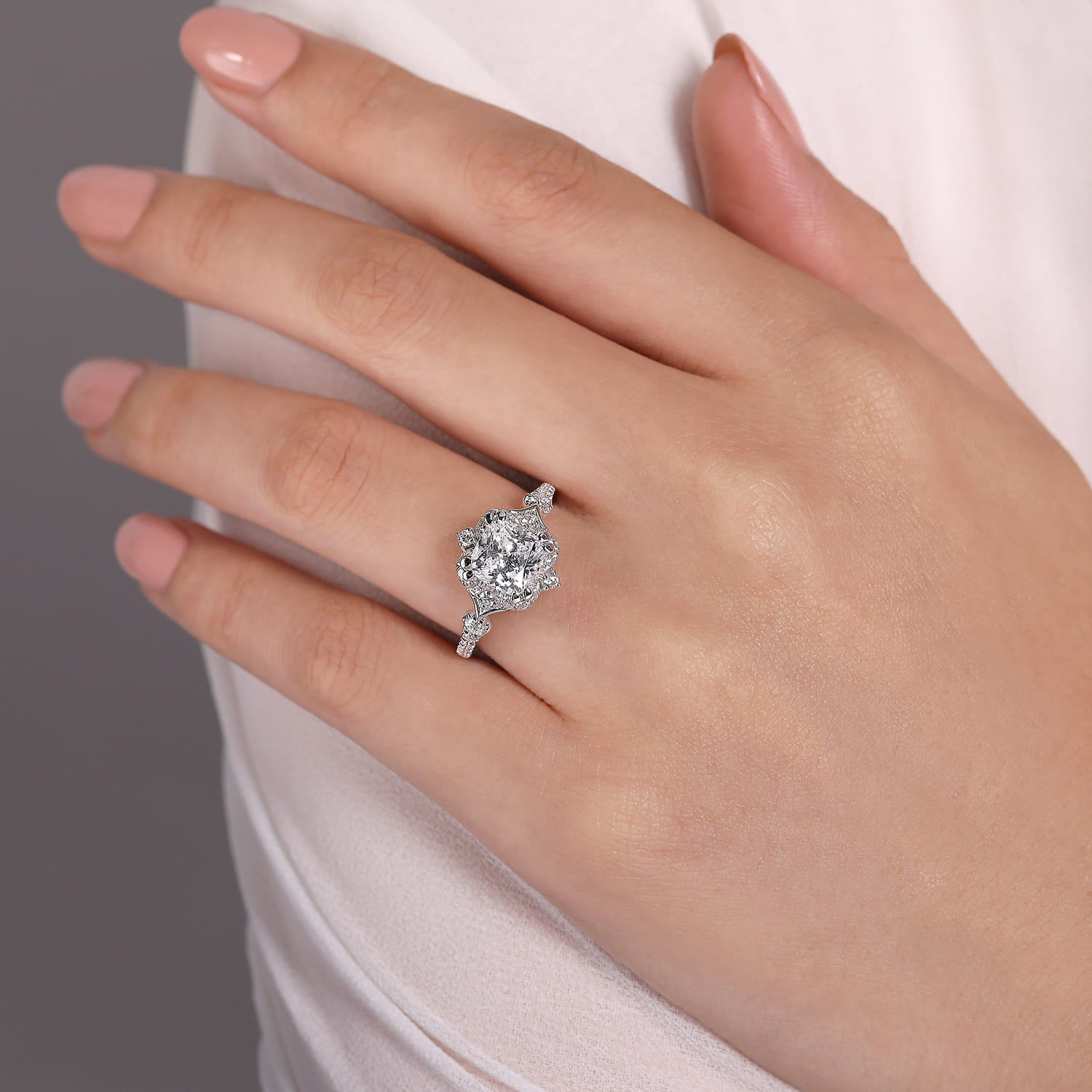 Veronique - Unique 14K White Gold Vintage Inspired Cushion Halo Diamond Engagement Ring - 0.37 ct - Shot 6