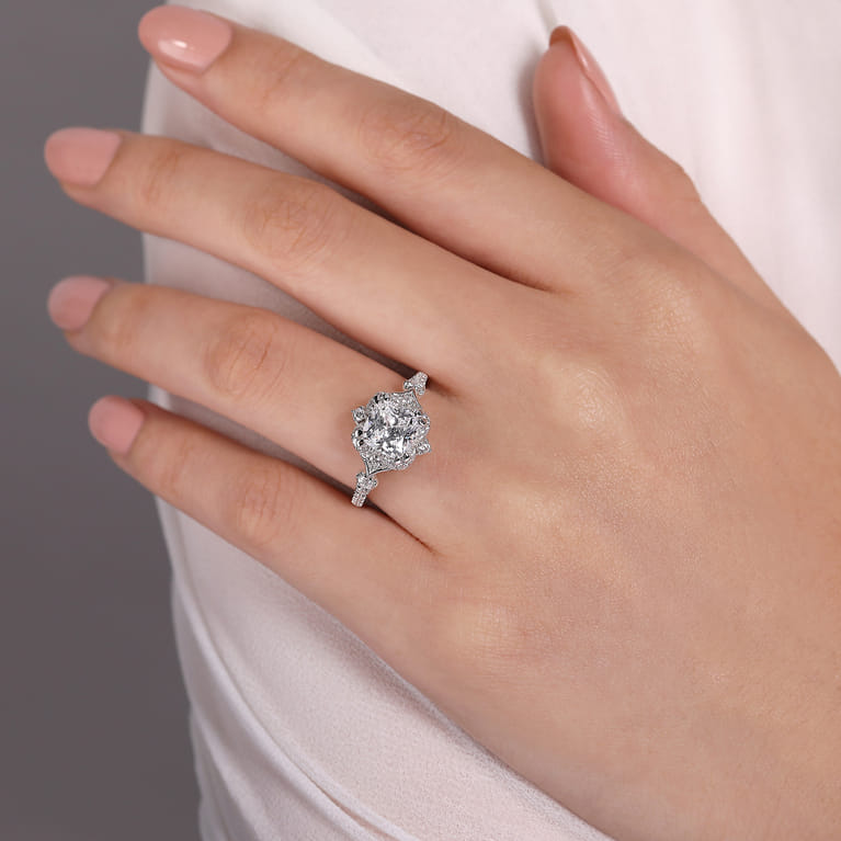 Veronique - Unique 14K White Gold Vintage Inspired Cushion Halo Diamond Engagement Ring - 0.37 ct - Shot 6