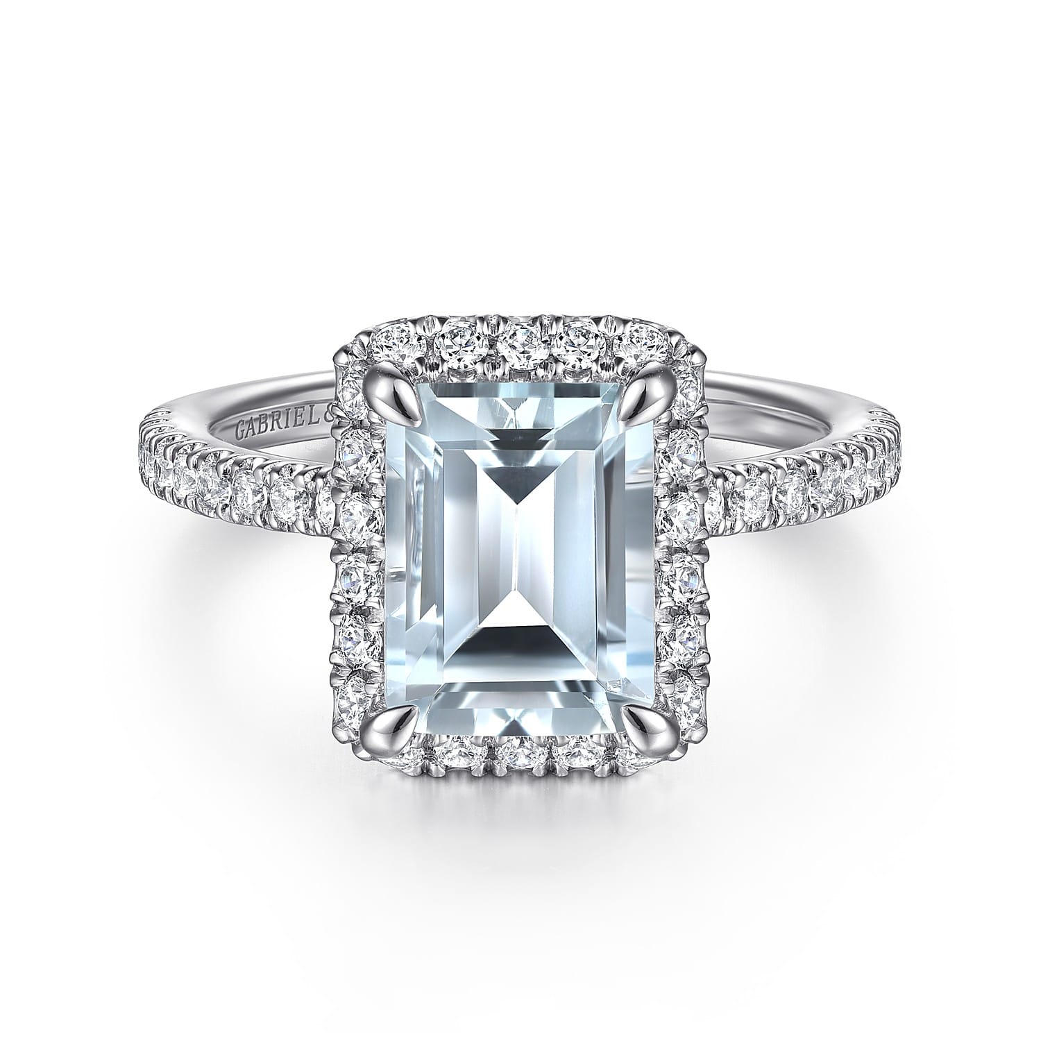 Zeena - 14K White Gold Emerald Halo Aquamarine and Diamond Engagement Ring - 0.61 ct - Shot 1