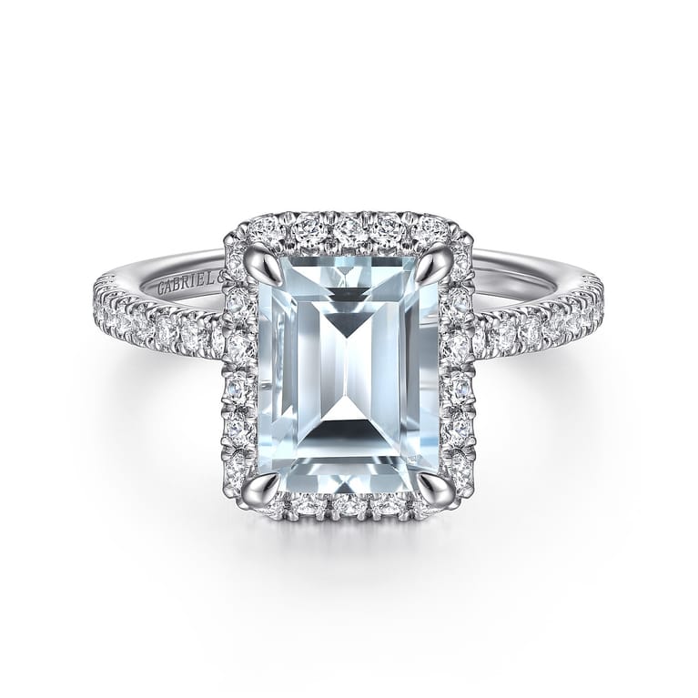 Zeena - 14K White Gold Emerald Halo Aquamarine and Diamond Engagement Ring - 0.61 ct - Shot 1