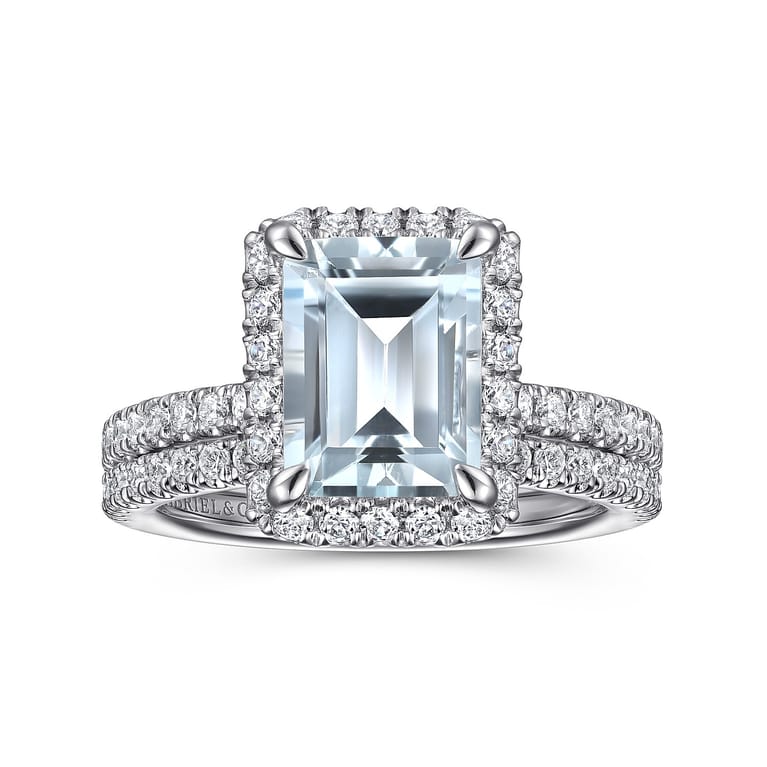 Zeena - 14K White Gold Emerald Halo Aquamarine and Diamond Engagement Ring - 0.61 ct - Shot 4