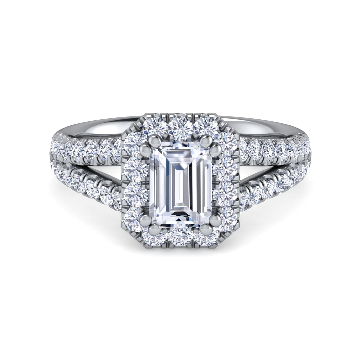 James - 14K White Gold Halo Emerald Cut Diamond Engagement Ring - 0.77 ct - Shot 1