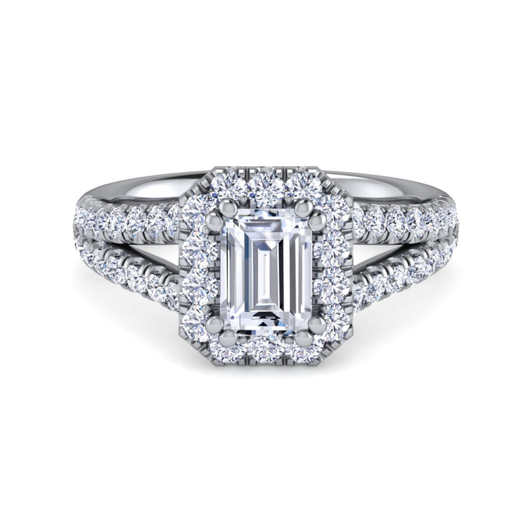 James - 14K White Gold Halo Emerald Cut Diamond Engagement Ring - 0.77 ct - Shot 1