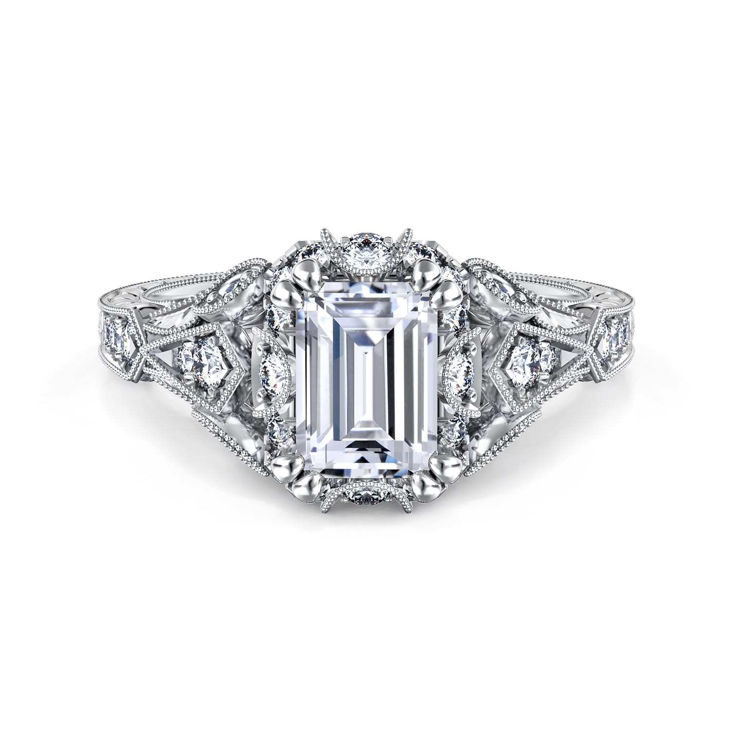 Annadale - Unique 14K White Gold Vintage Inspired Emerald Cut Diamond Halo Engagement Ring - 0.35 ct - Shot 1