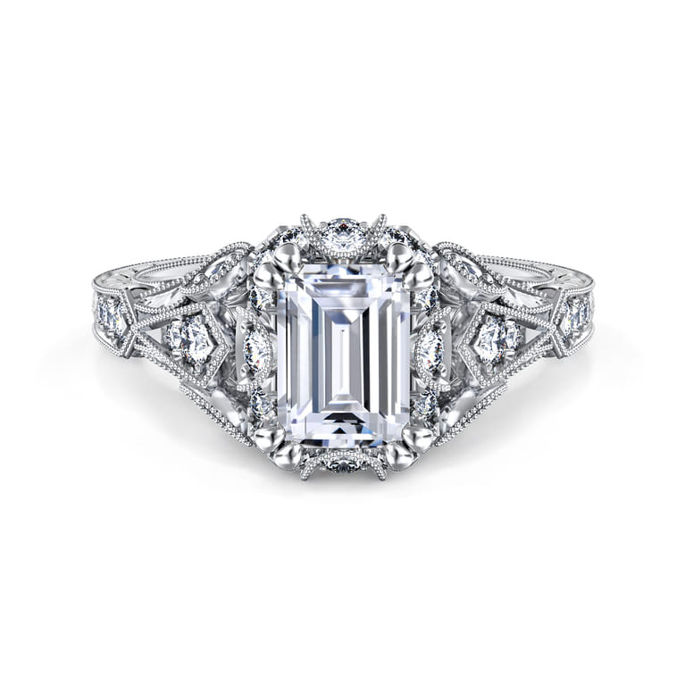 Annadale - Unique 14K White Gold Vintage Inspired Emerald Cut Diamond Halo Engagement Ring - 0.35 ct - Shot 1