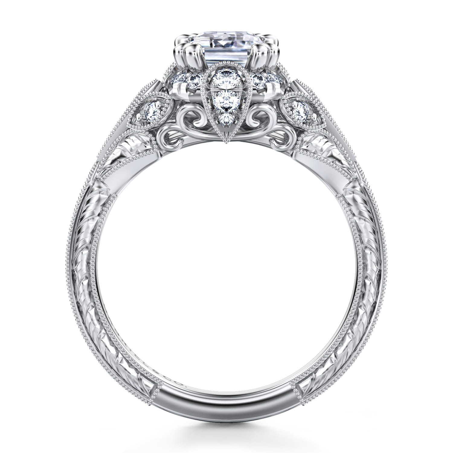 Annadale - Unique 14K White Gold Vintage Inspired Emerald Cut Diamond Halo Engagement Ring - 0.35 ct - Shot 2