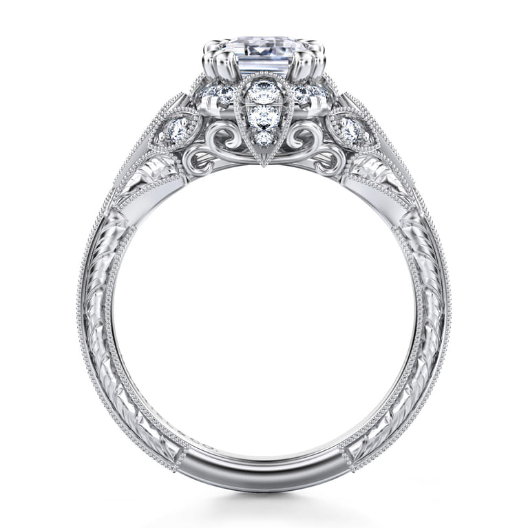 Annadale - Unique 14K White Gold Vintage Inspired Emerald Cut Diamond Halo Engagement Ring - 0.35 ct - Shot 2