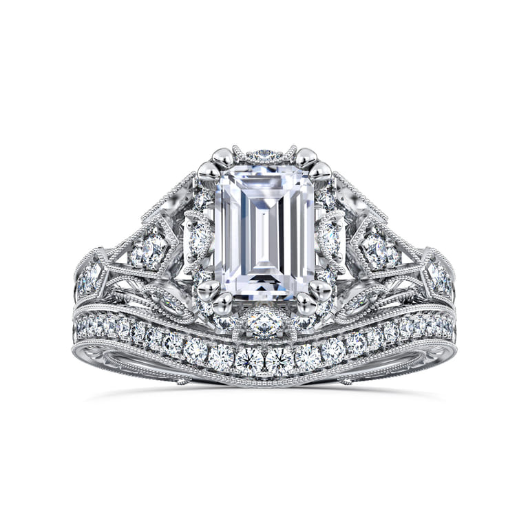 Annadale - Unique 14K White Gold Vintage Inspired Emerald Cut Diamond Halo Engagement Ring - 0.35 ct - Shot 4