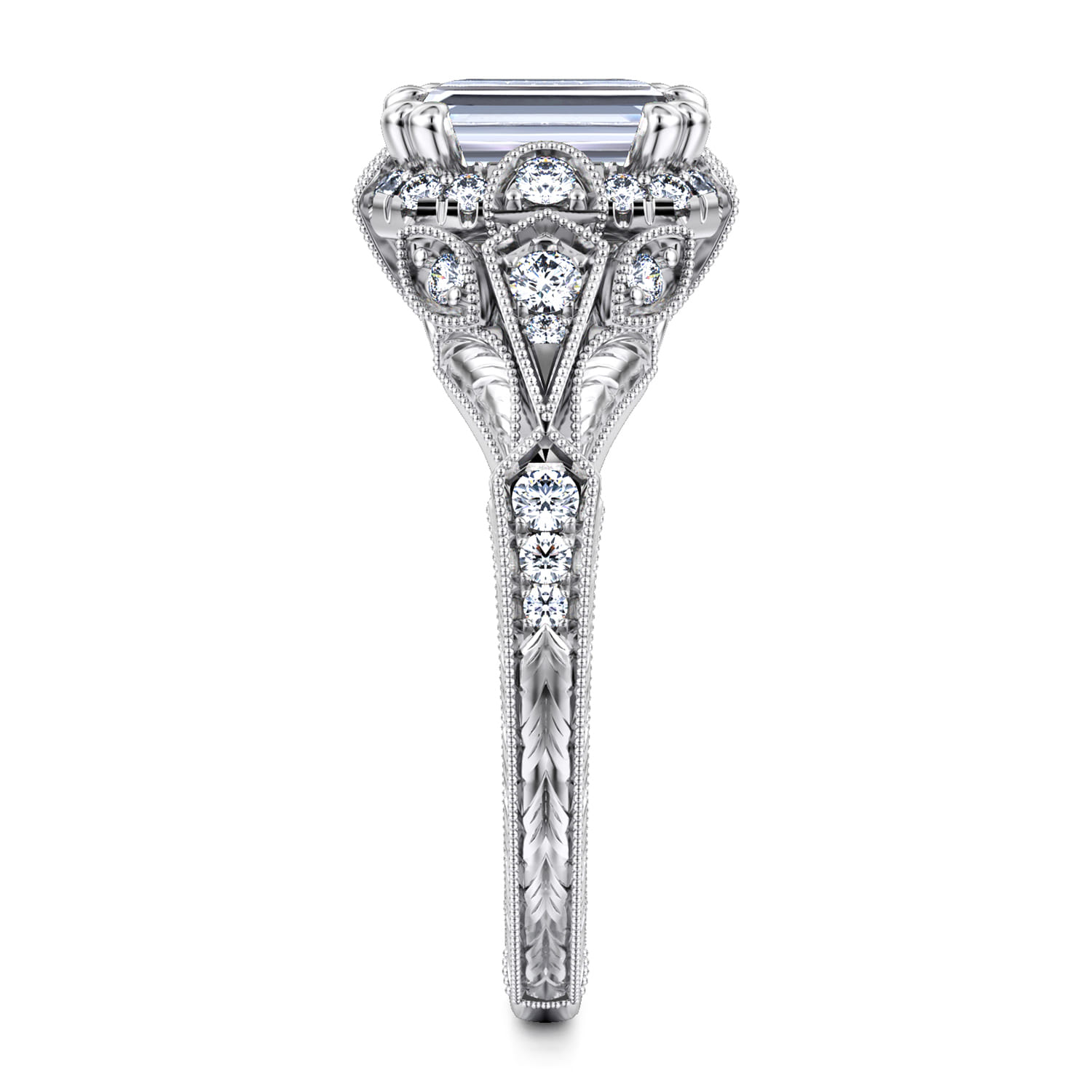 Annadale - Unique 14K White Gold Vintage Inspired Emerald Cut Diamond Halo Engagement Ring - 0.35 ct - Shot 5