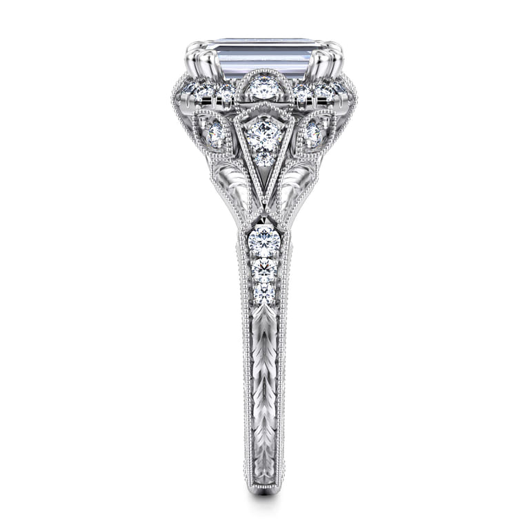 Annadale - Unique 14K White Gold Vintage Inspired Emerald Cut Diamond Halo Engagement Ring - 0.35 ct - Shot 5