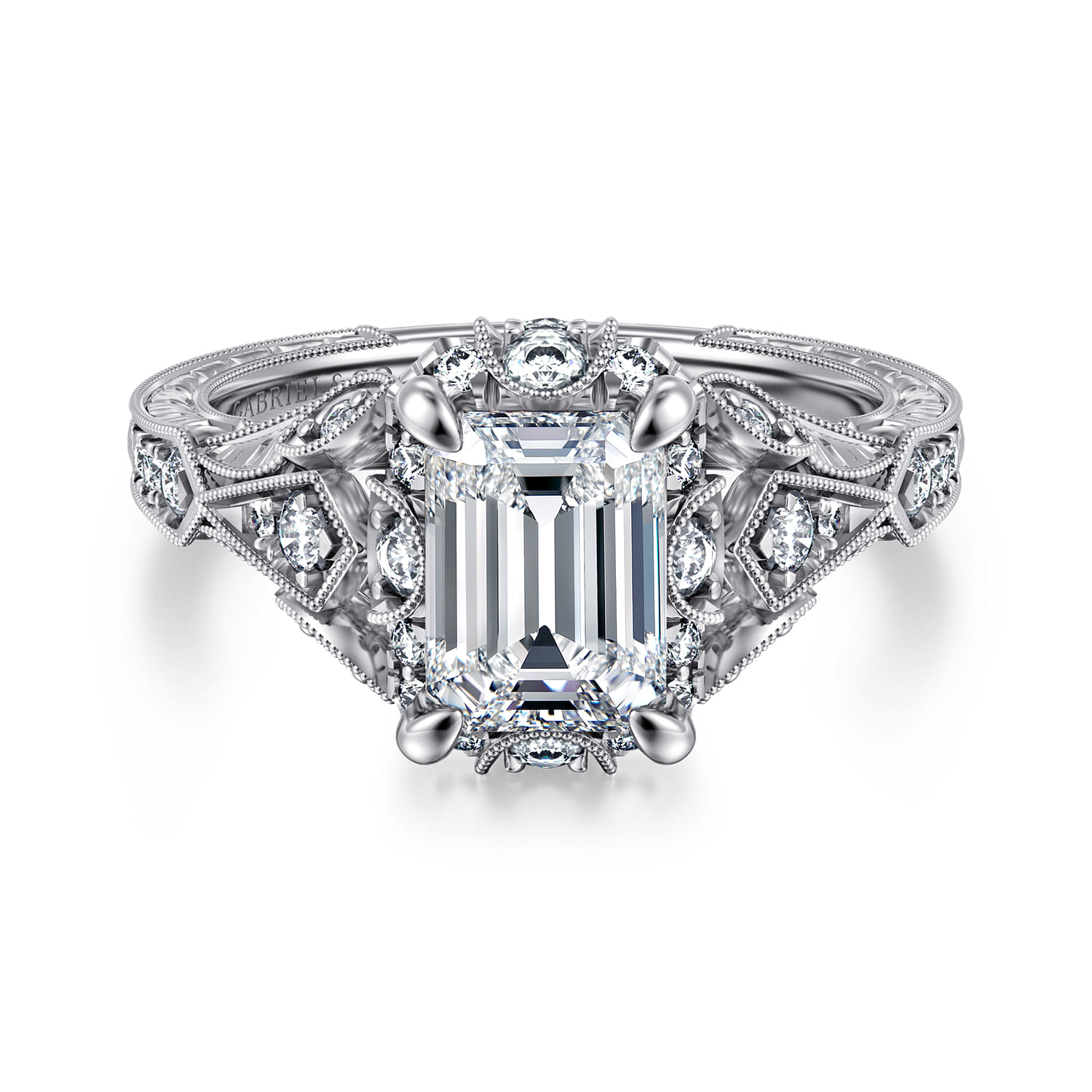 Annadale - Unique 14K White Gold Vintage Inspired Emerald Cut Diamond Halo Engagement Ring - 0.35 ct - Shot 1