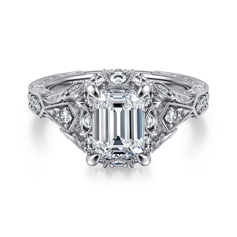 Annadale - Unique 14K White Gold Vintage Inspired Emerald Cut Diamond Halo Engagement Ring - 0.35 ct - Shot 1