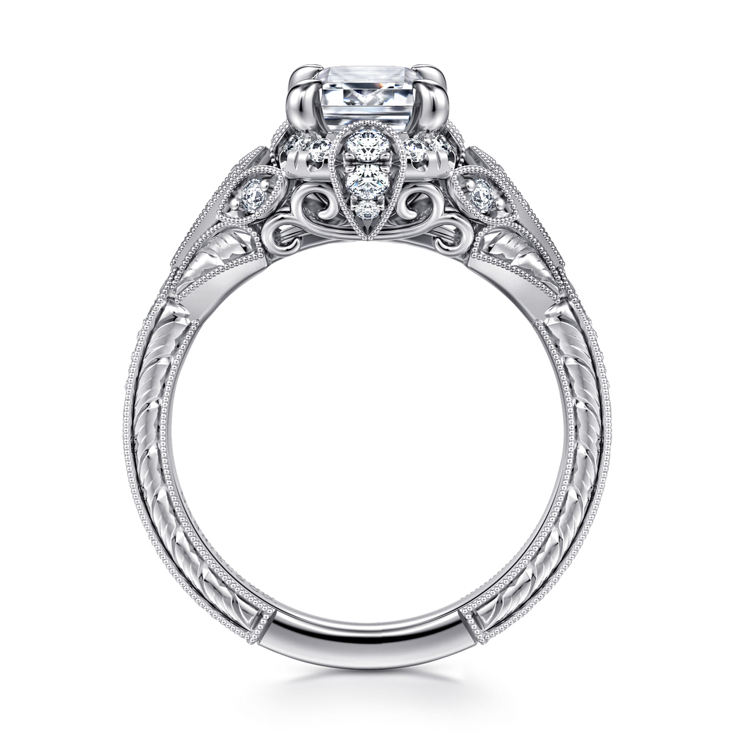 Annadale - Unique 14K White Gold Vintage Inspired Emerald Cut Diamond Halo Engagement Ring - 0.35 ct - Shot 2