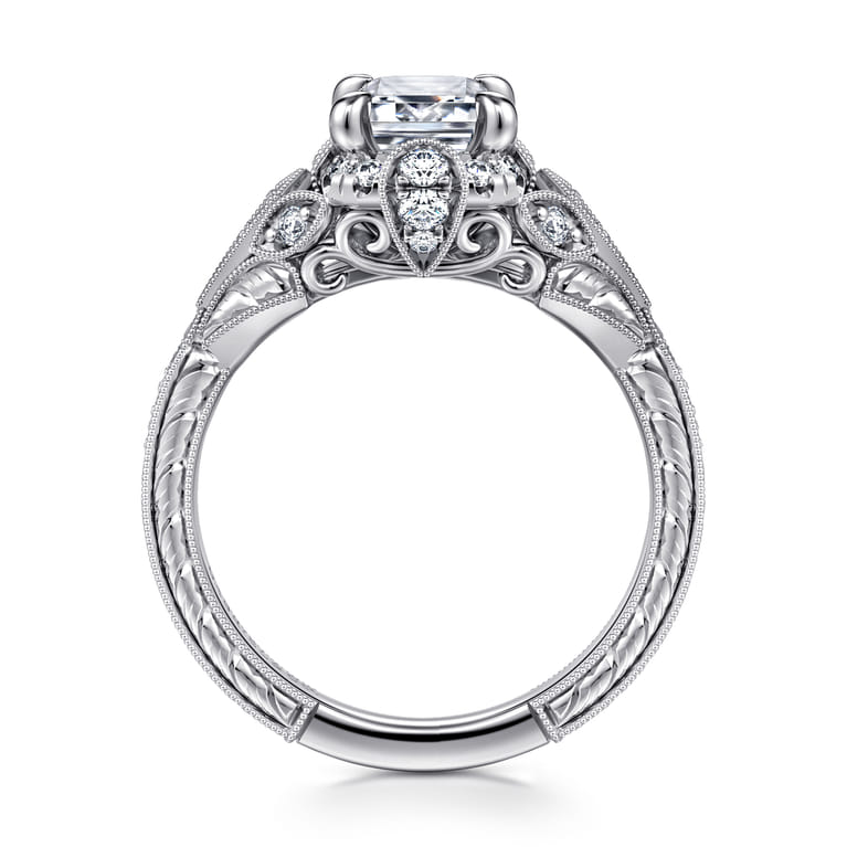Annadale - Unique 14K White Gold Vintage Inspired Emerald Cut Diamond Halo Engagement Ring - 0.35 ct - Shot 2