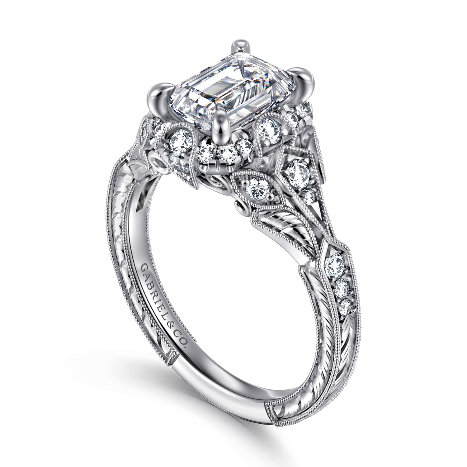 Annadale - Unique 14K White Gold Vintage Inspired Emerald Cut Diamond Halo Engagement Ring - 0.35 ct - Shot 3