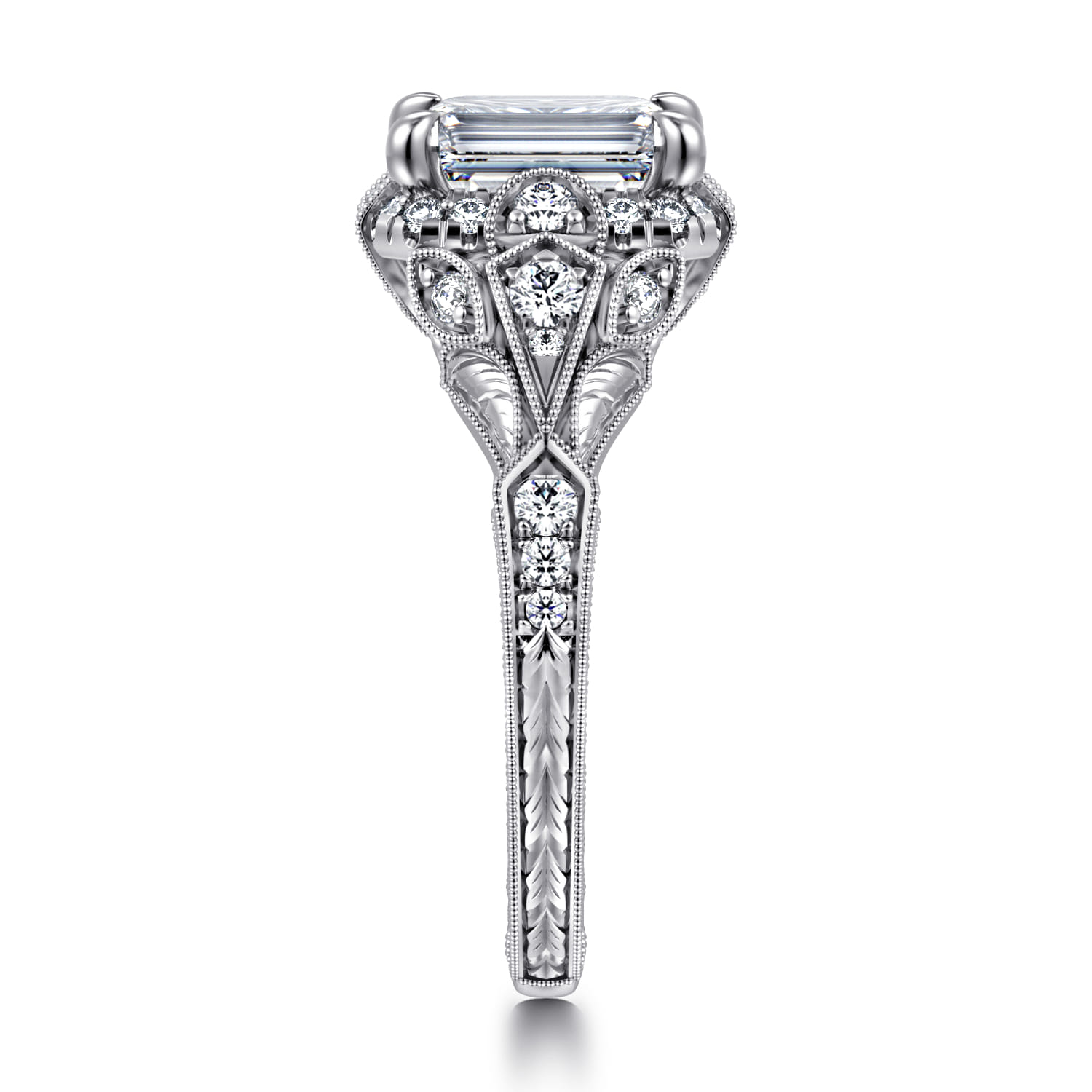 Annadale - Unique 14K White Gold Vintage Inspired Emerald Cut Diamond Halo Engagement Ring - 0.35 ct - Shot 4