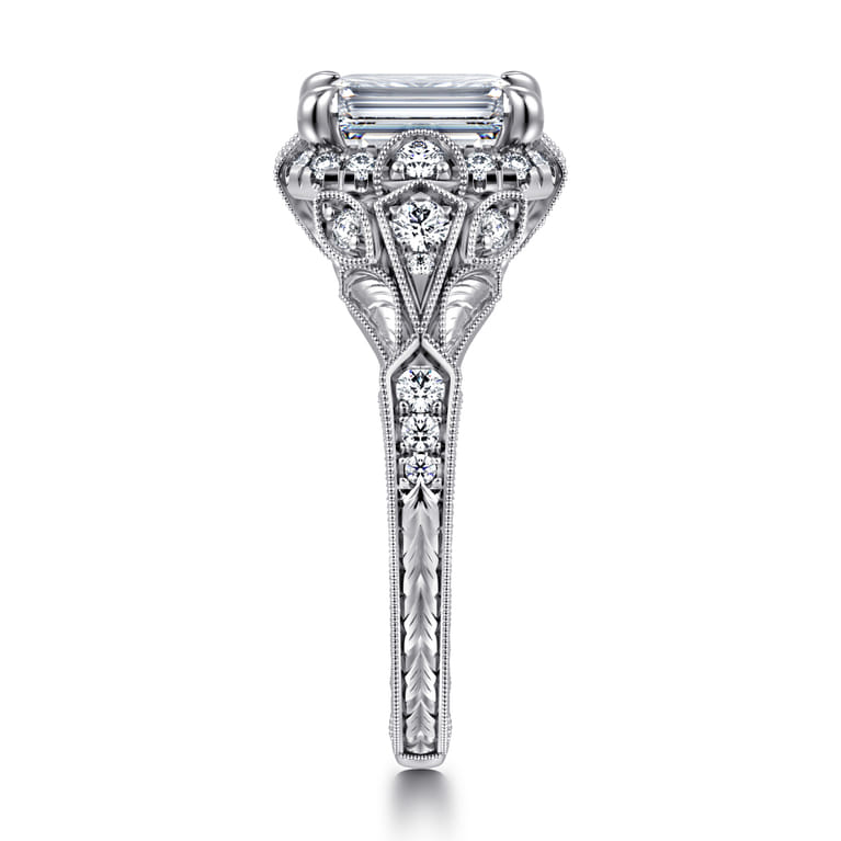 Annadale - Unique 14K White Gold Vintage Inspired Emerald Cut Diamond Halo Engagement Ring - 0.35 ct - Shot 4