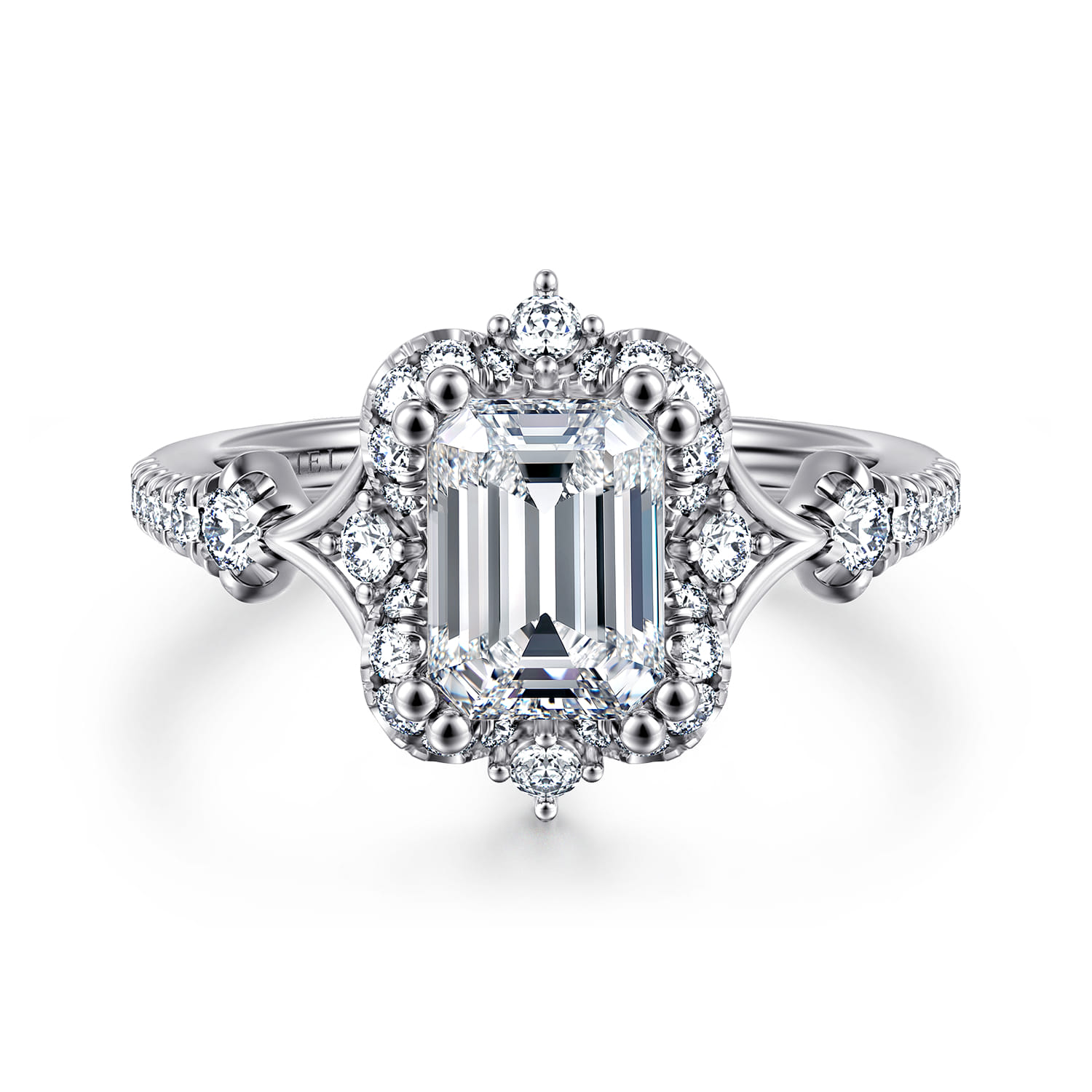 Veronique - Unique 14K White Gold Vintage Inspired Emerald Cut Halo Diamond Engagement Ring - 0.4 ct - Shot 1