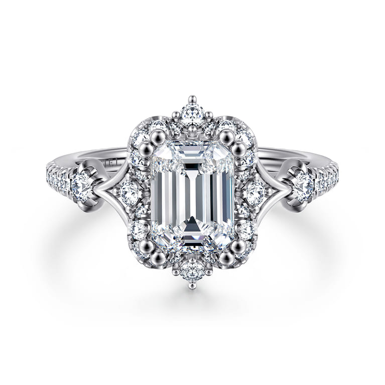 Veronique - Unique 14K White Gold Vintage Inspired Emerald Cut Halo Diamond Engagement Ring - 0.4 ct - Shot 1