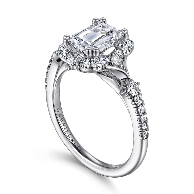 Veronique - Unique 14K White Gold Vintage Inspired Emerald Cut Halo Diamond Engagement Ring - 0.4 ct - Shot 3