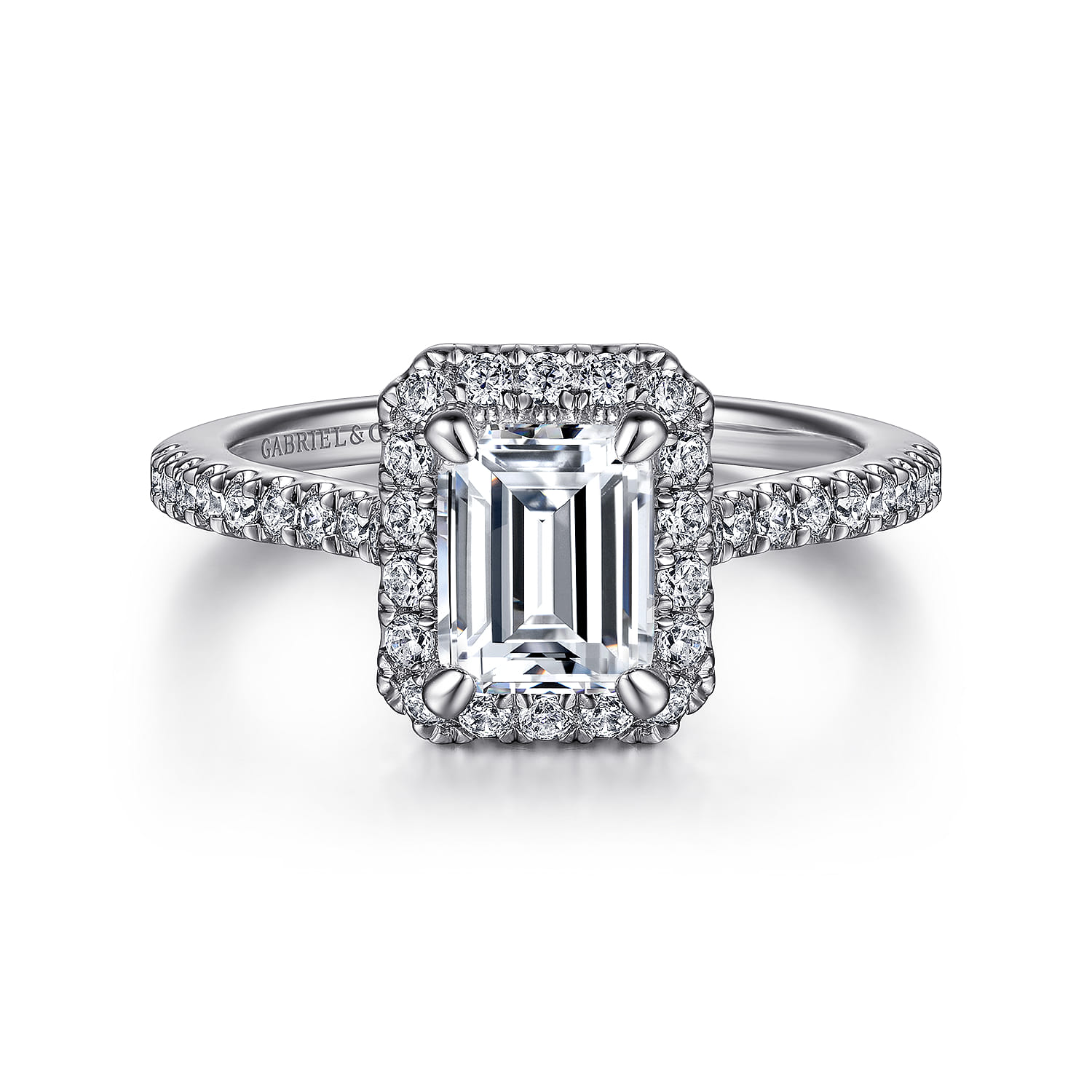 Idina - 14K White Gold Halo Emerald Cut Diamond Engagement Ring - 0.34 ct - Shot 1