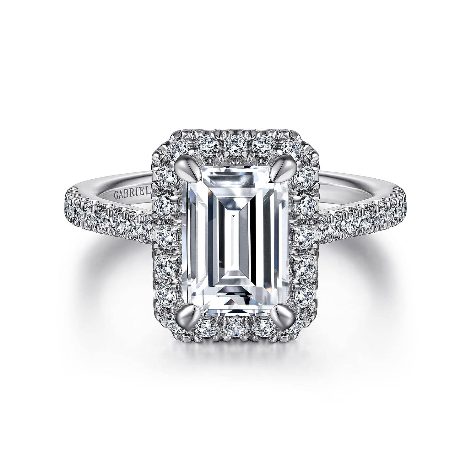 Idina - 14K White Gold Halo Emerald Cut Diamond Engagement Ring - 0.44 ct - Shot 1