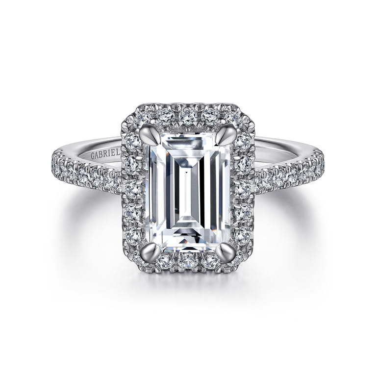 Idina - 14K White Gold Halo Emerald Cut Diamond Engagement Ring - 0.44 ct - Shot 1