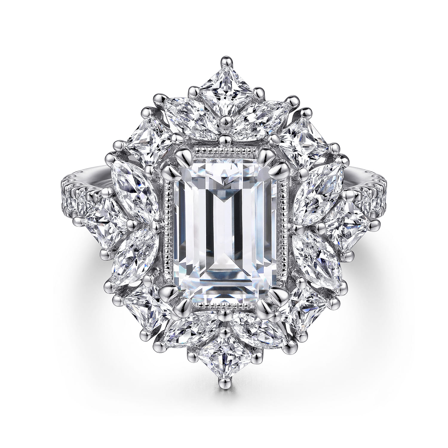 Lisette - 14K White Gold Fancy Halo Emerald Cut Diamond Engagement Ring - 1.79 ct - Shot 1