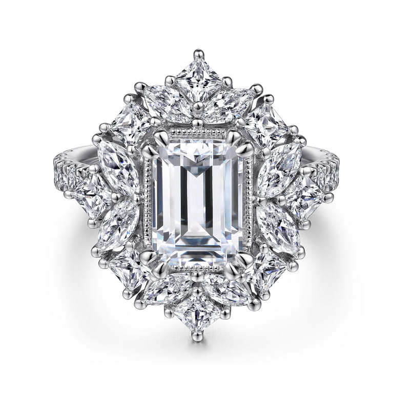 Lisette - 14K White Gold Fancy Halo Emerald Cut Diamond Engagement Ring - 1.79 ct - Shot 1