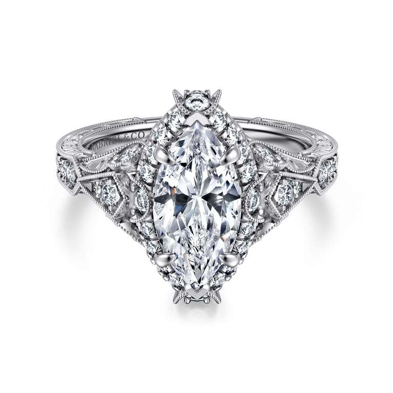 Annadale - Unique 14K White Gold Vintage Inspired Marquise Shape Diamond Halo Engagement Ring - 0.4 ct - Shot 1