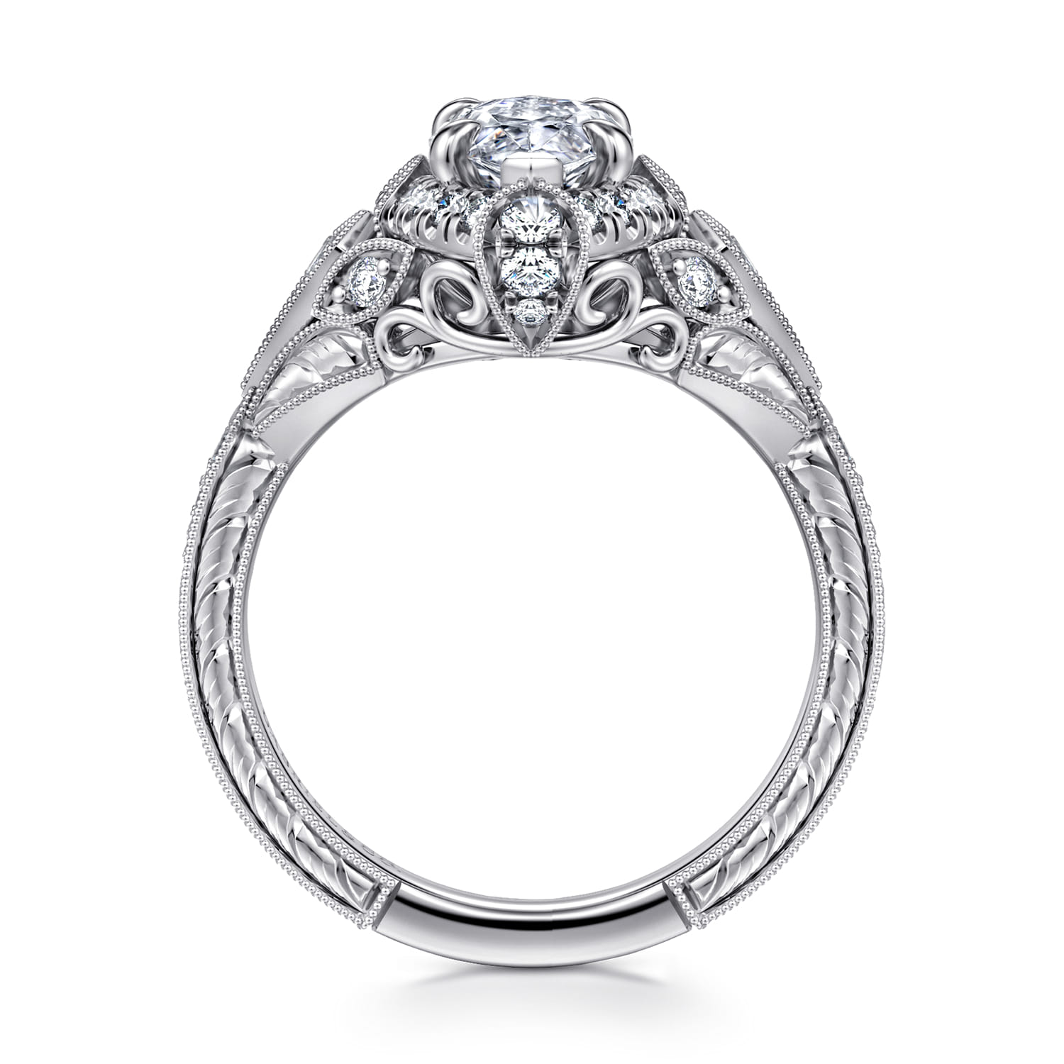 Annadale - Unique 14K White Gold Vintage Inspired Marquise Shape Diamond Halo Engagement Ring - 0.4 ct - Shot 2